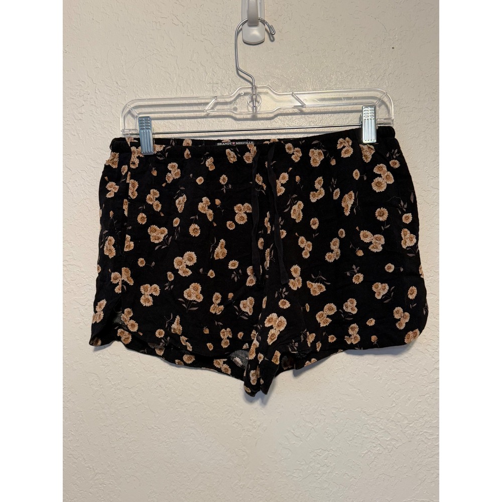Brandy Melville Black Floral Daisy Drawstring Shorts One Size Rayon